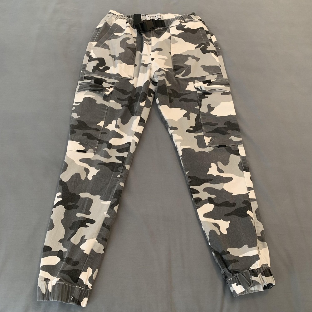 Kréamy Jogger Pants Mens 30x29 Gray Cargo Camo Elastic Waist Buckle Belt Stretch